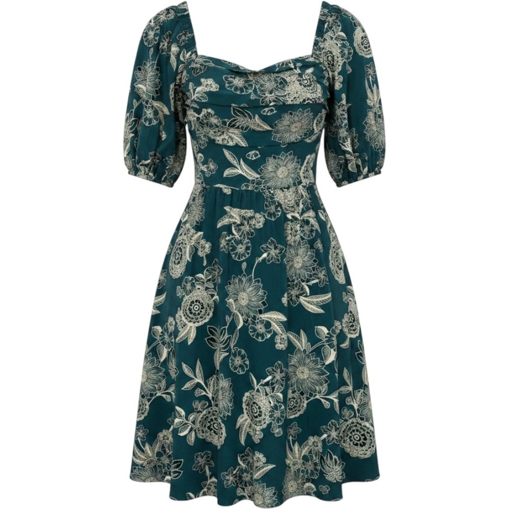 Maurices Mini Dress Womens XL Teal Green Excellent Floral Puff Sleeve Smocked